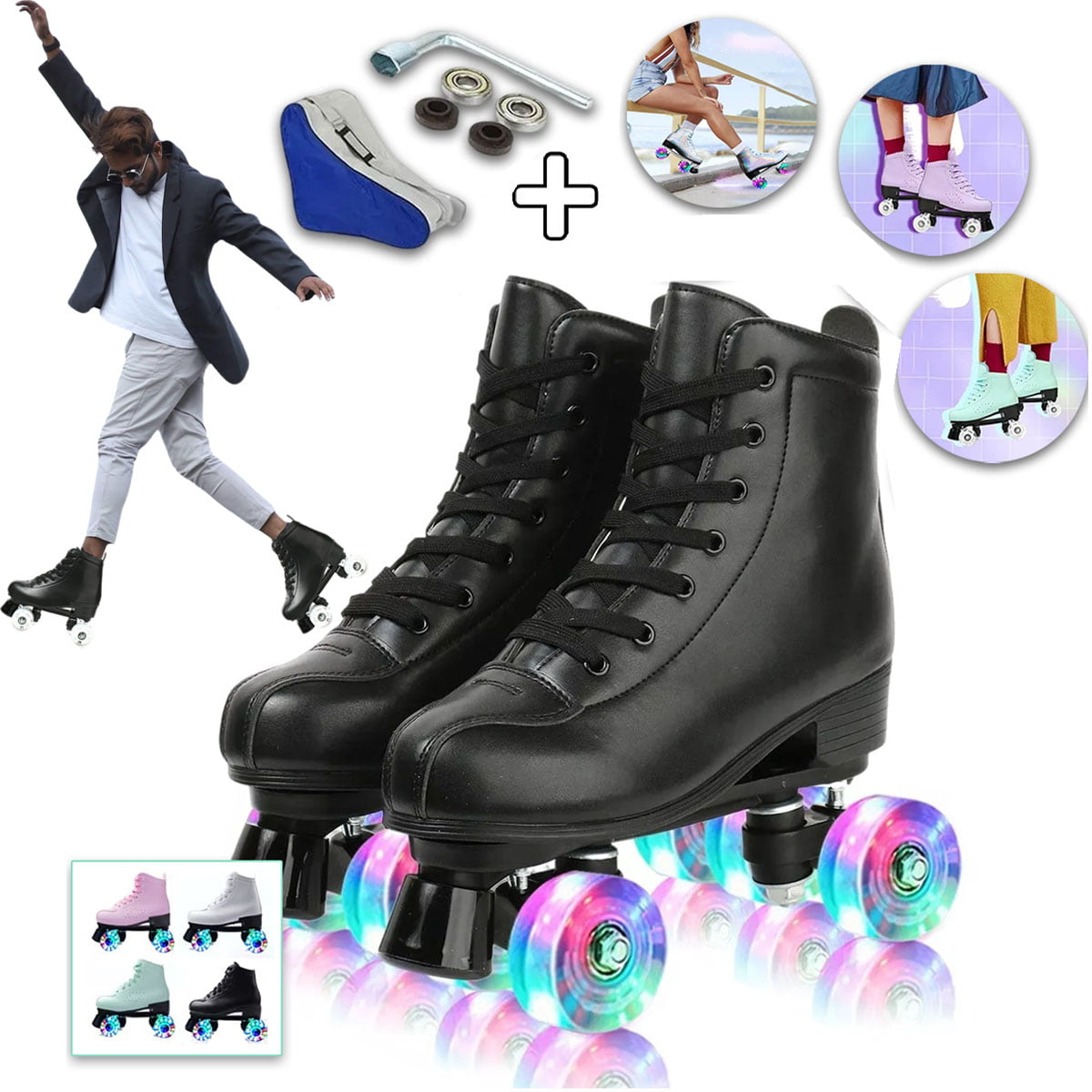 Black Roller Skates， High-Top Design， Leather Roller Artistic with Double-Row Shiny Wheels for Women and Men， Size 9.5