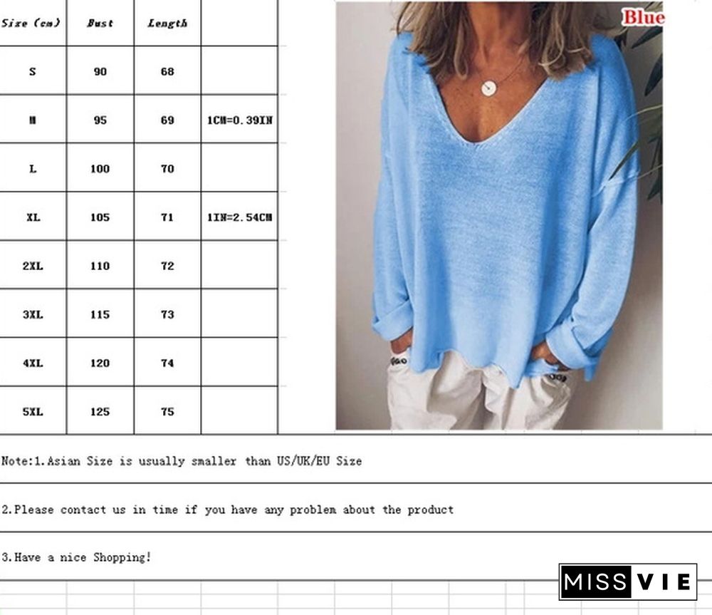 Autumn Women Solid Color Plus Size Shirts Casual Loose Tops V-Neck Blouses Long Sleeve Shirt