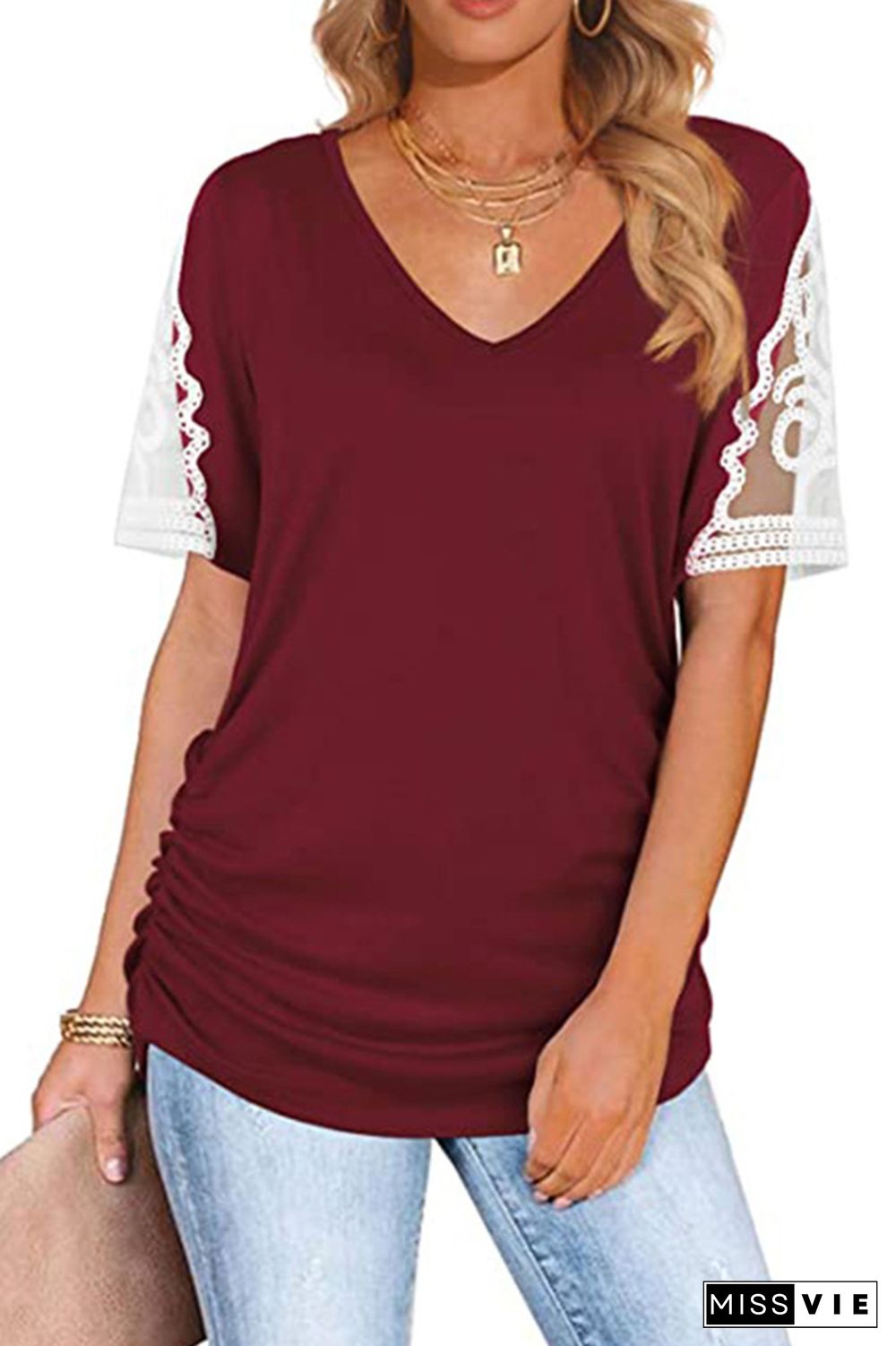 Lace Short Sleeve Splicing V-neck Tee