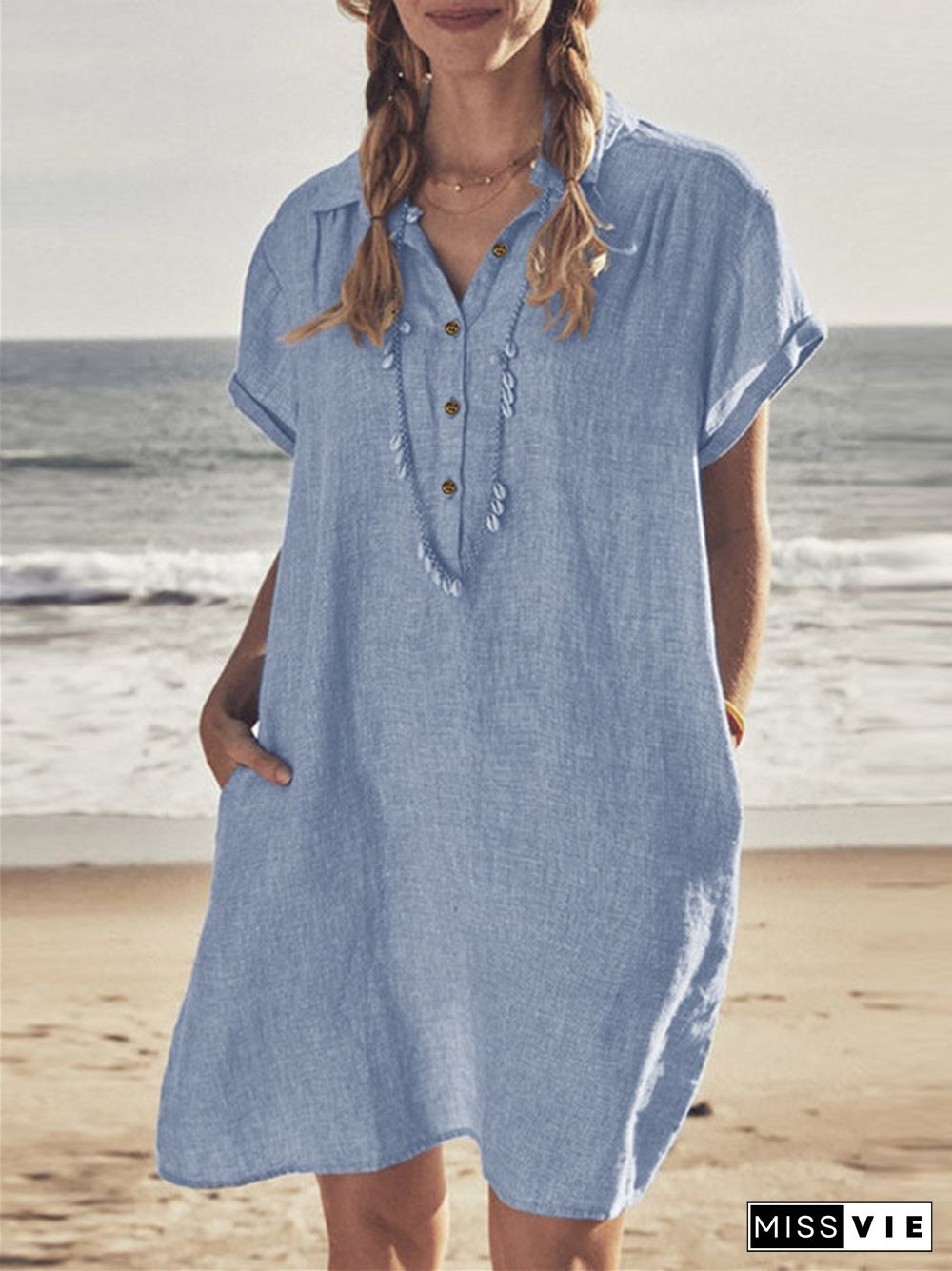 Cotton Linen Shirt Dress Pocket Dress Beach Casual Skirt