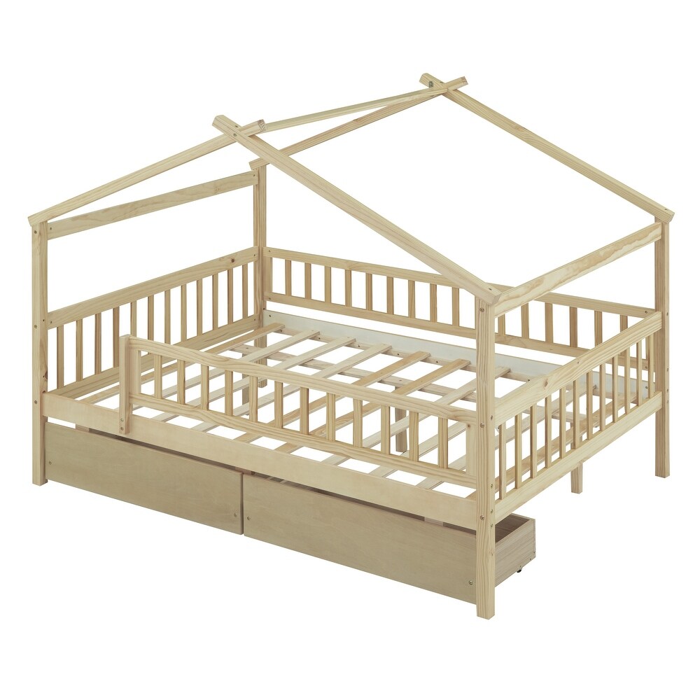 Full Size Wood Daybed with 2 Storage Drawers and Fence Guardrails  Kid's Bed with Wood Slats and House Shaped Frame