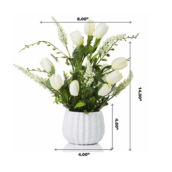 Enova Home Artificial Mixed Silk Tulips Fake Flowers in White Ceramic Pot for Home Office Wedding Decoration