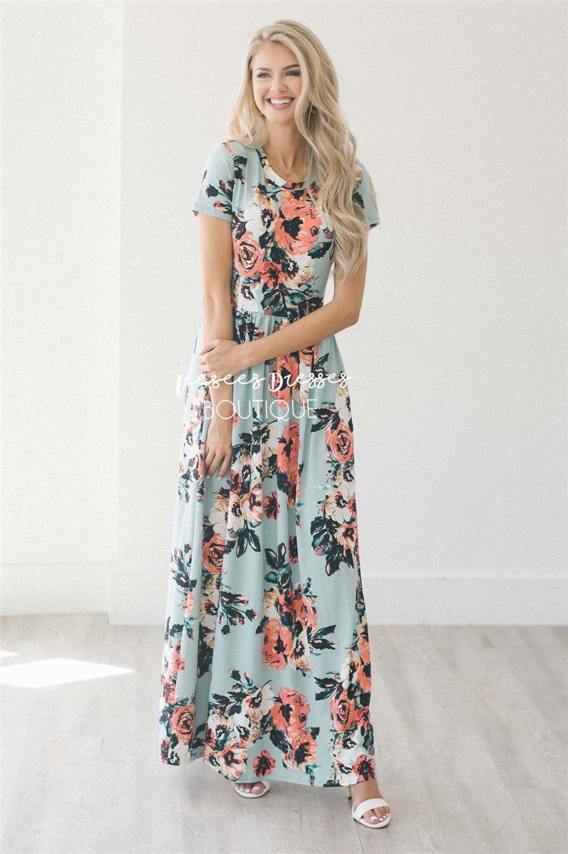 Mint Watercolor Short Sleeve Maxi Dress