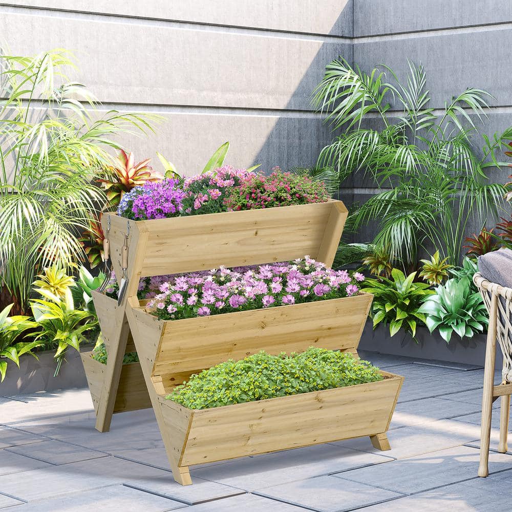 Outsunny Light Brown Wood Raised Garden Bed， Freestanding Planter Stand with 5 Planting Boxes 845-658