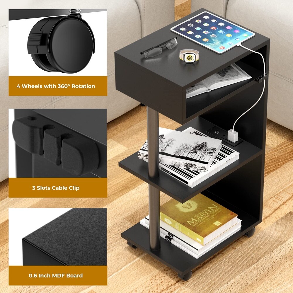 End Table with Charging Station  4 Tier Narrow Side Table with USB Ports and Outlets  Rolling Slim Bedside Table forSmall Spaces