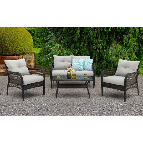 4piece Outdoor Resin Wicker Chat Set with Cushions