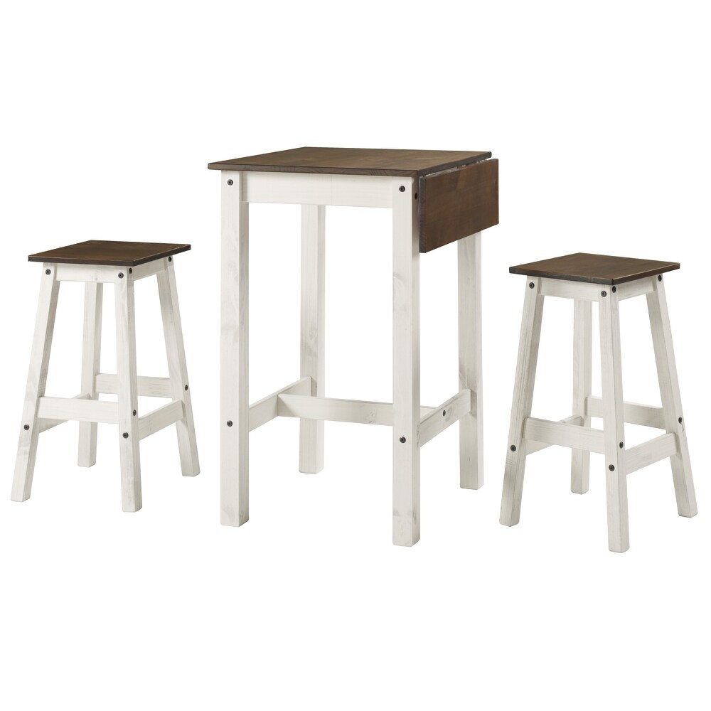 Wood Bar Height Dining Set of Drop Leaf Table and 2 Stools White Distressed  Furniture Dash