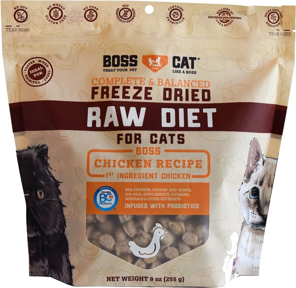 Boss Cat Complete and Balanced Raw Diet Chicken Recipe Freeze-Dried Cat Food， 9-oz bag