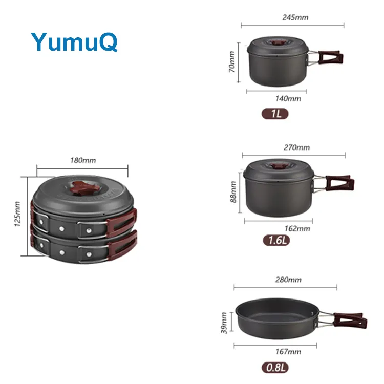 YumuQ Wholesale 3 Pieces Anodized Aluminum Utensils Camping Cooking Kitchen Cookware Sets For Out Door Hiking