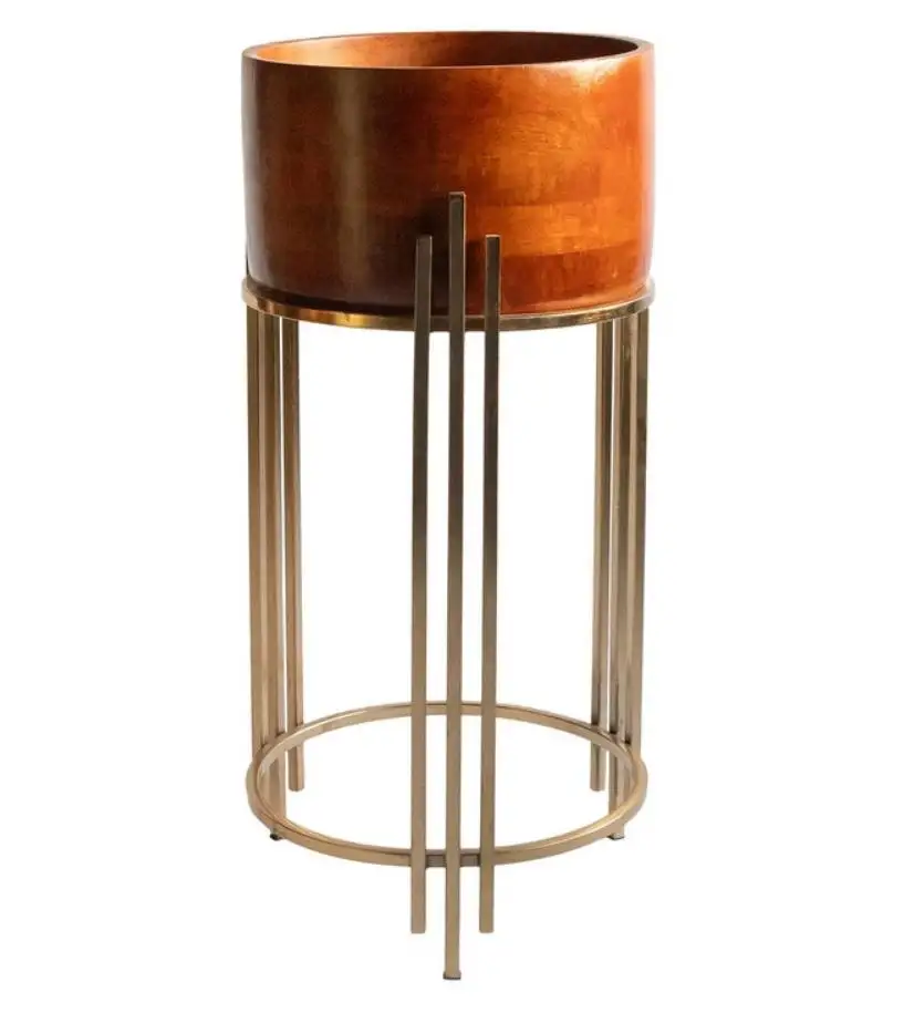 Modern Gold Metal Flower Pot with Metal Stand Tall Planter Floor Table Decor Plant Holder Display Set of 2