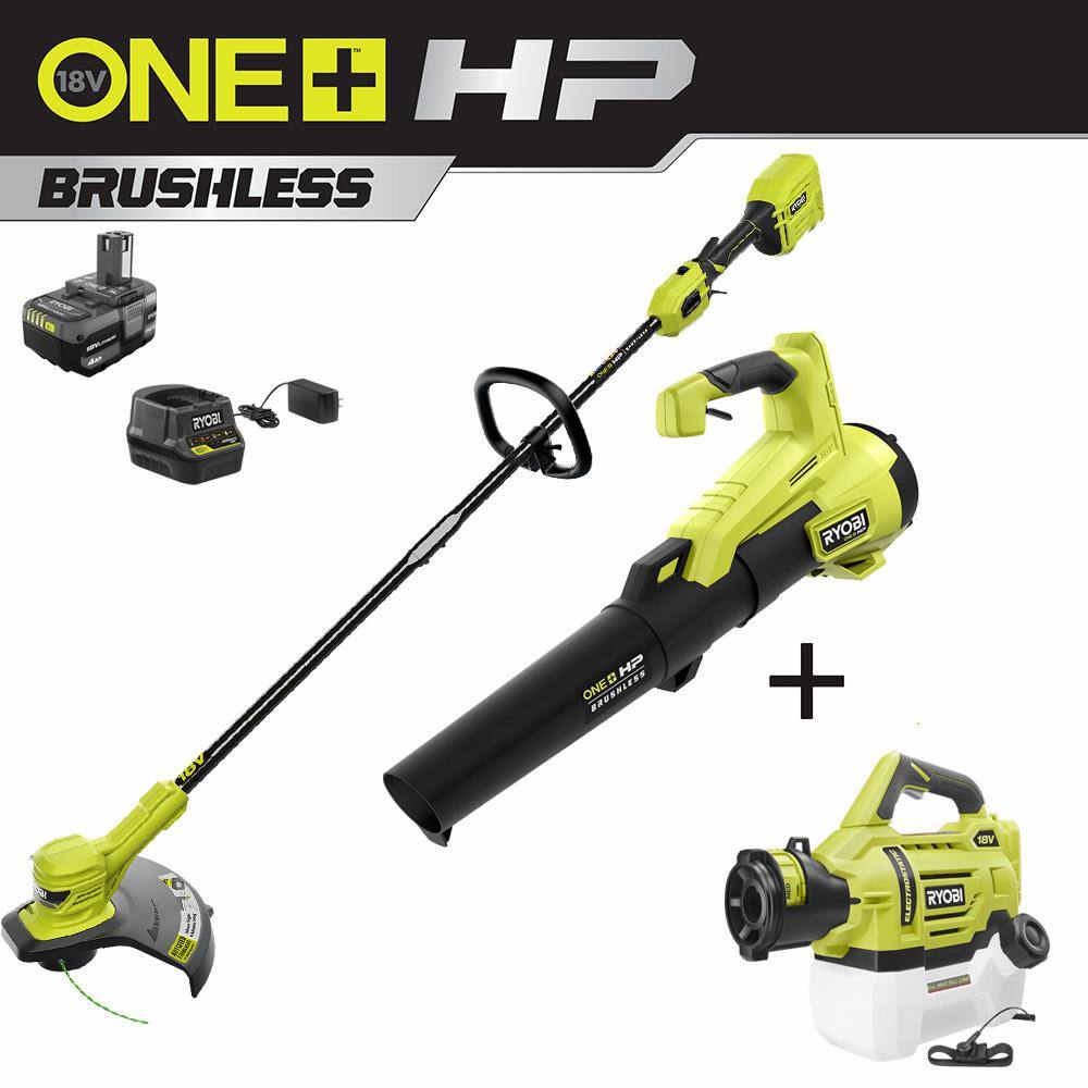 RYOBI ONE+ HP 18V Brushless Cordless String Trimmer Leaf Blower and Electrostatic Sprayer with 4.0 Ah Battery and Charger P20121-P2809BTL