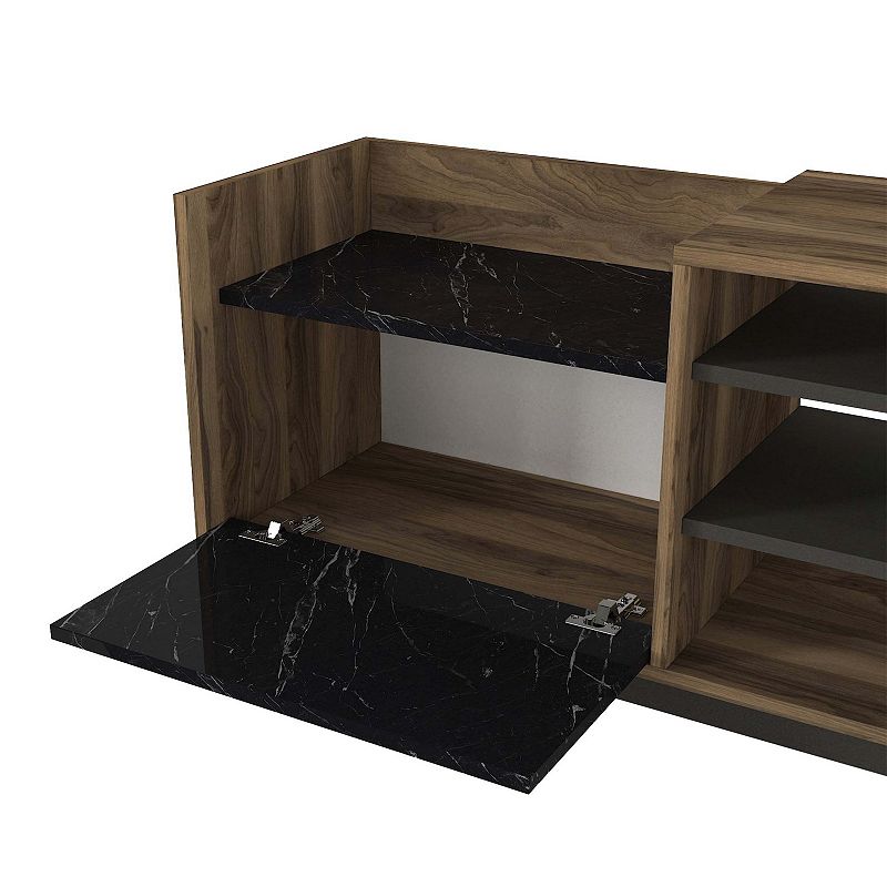 71 Inch Modern Wooden TV Console Cabinet， 2 Doors， 4 Open Compartments， Walnut and Black