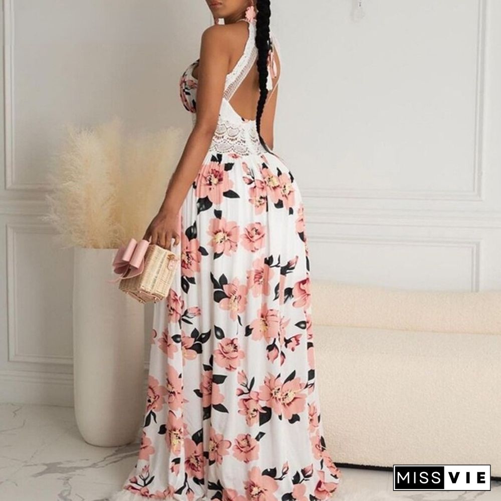 Women Dress Halter Floral Print Crisscross Backless Maxi Dress