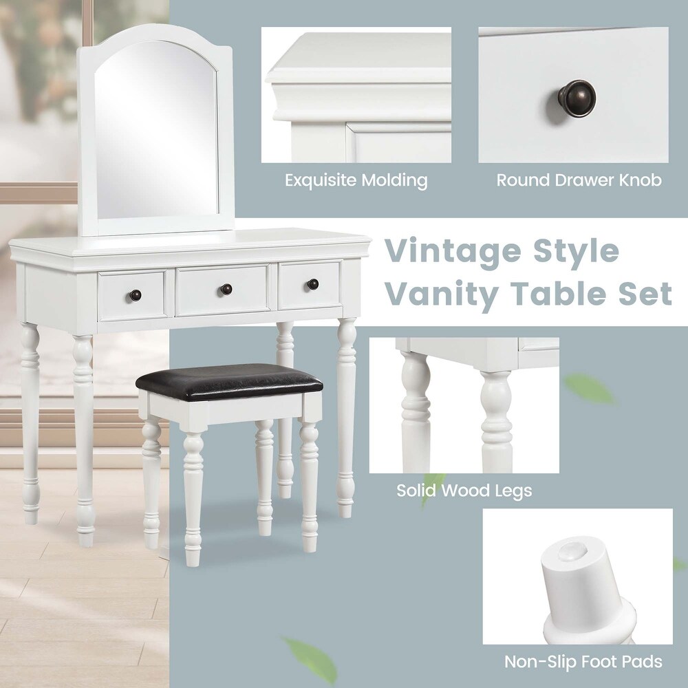 Costway Vanity Table Set Makeup Desk Cushioned Stool 3 Drawer Large   See Details