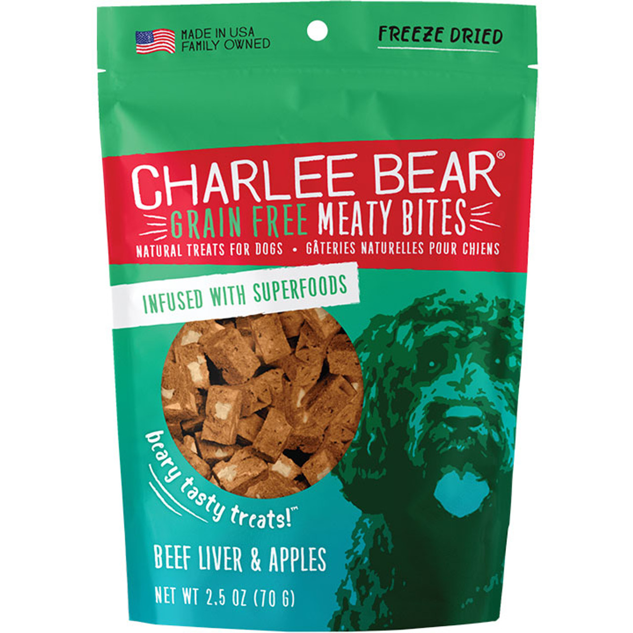 Charlee Bear Grain Free Meaty Bites Beef Liver and Apples Dog Treats， 2.5 Oz Bag