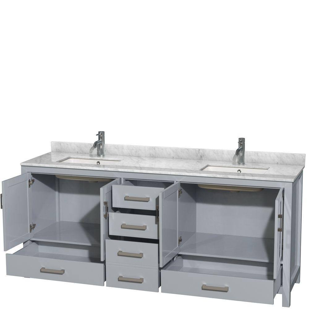 Wyndham Collection Sheffield 80 in. W x 22 in. D x 35 in. H Double Bath Vanity in Gray with White Carrara Marble Top WCS141480DGYCMUNSMXX