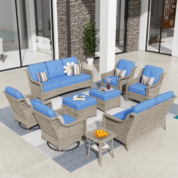 HOOOWOOO 9piece Patio Wicker Furniture Conversation Set with Swivel Chair and Loveseat Sofa