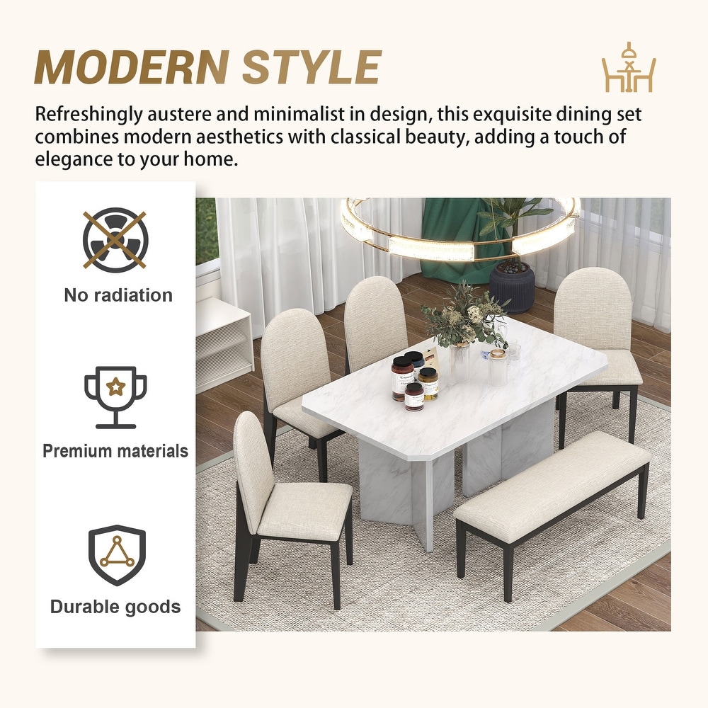 Rectangular Marble Texture Table and 4 Upholstered Dining Chairs1 Bench for Dining Room  6 Piece Modern Dining Table Set