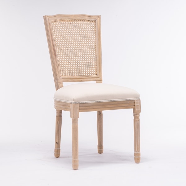 Antique Linen Fabric Square Rattan Back Dining Chair，Set of 2