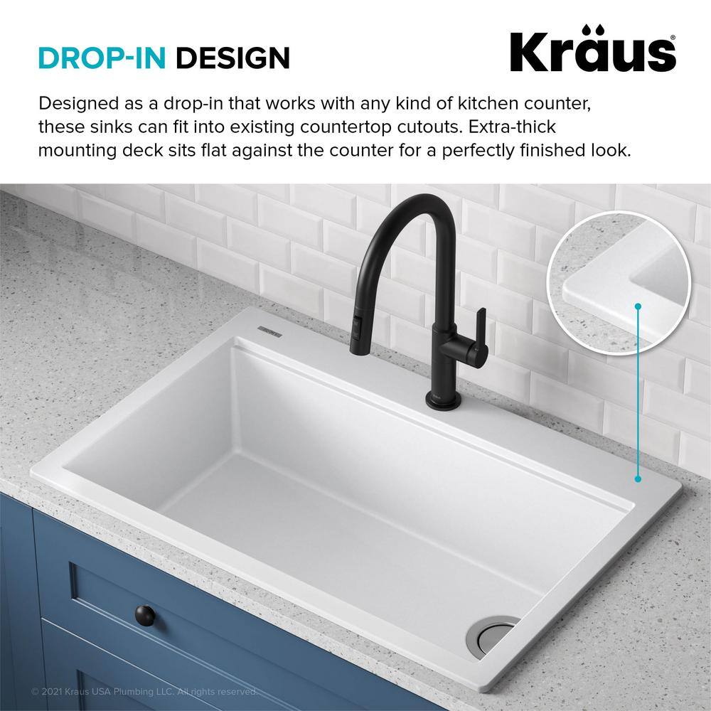 KRAUS Bellucci Workstation 33 in. Drop-In Granite Composite Single Bowl Kitchen Sink in White with Accessories KGTW1-33WH