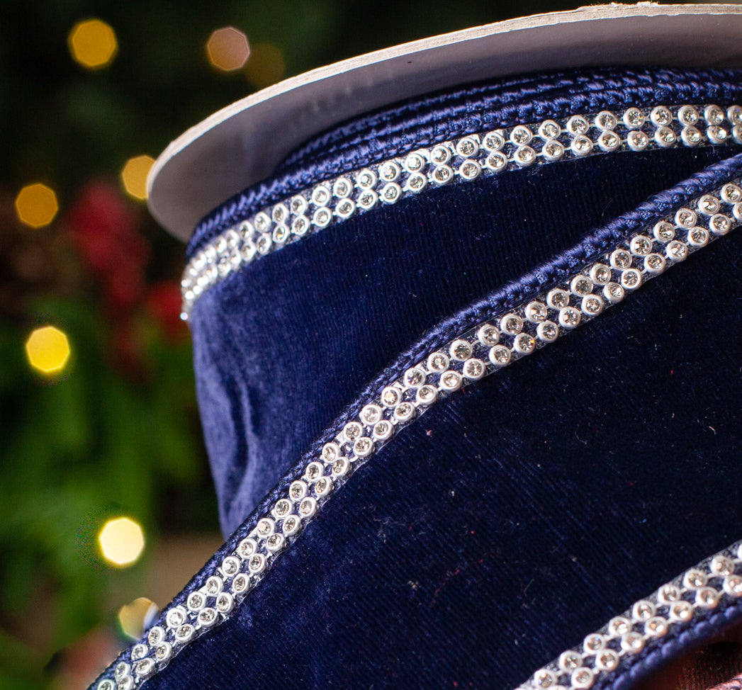 2.5 X 5YD Navy Velvet With Swarovski Trim Ribbon