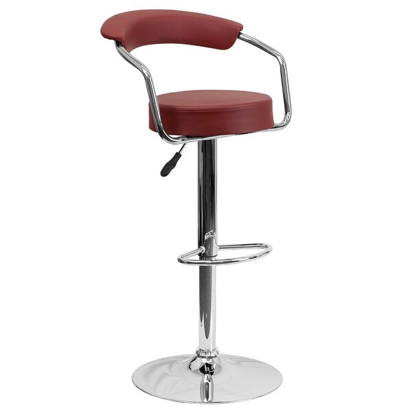 Contemporary Burgundy Vinyl Adjustable Height Barstool with Arms and Chrome Base