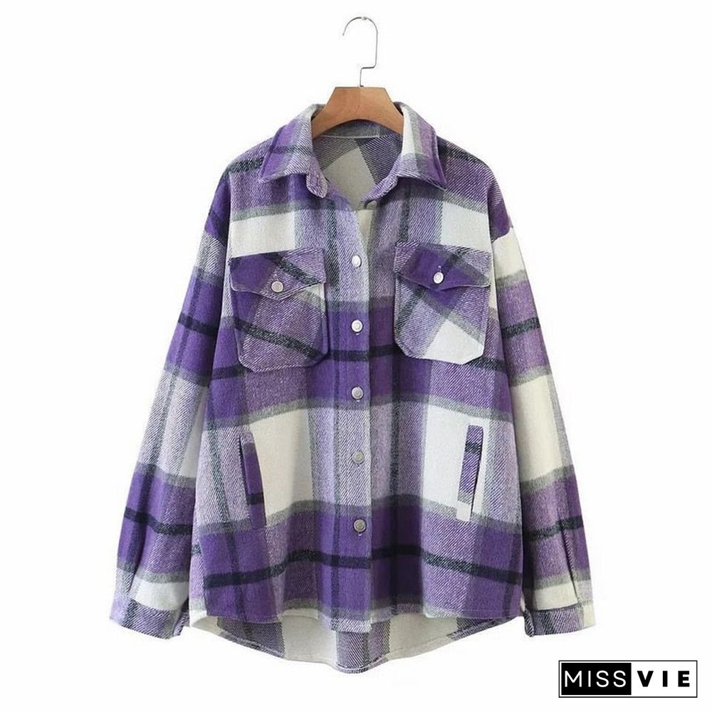 Womens Plaid Shirt Jacket Coat Ladies Pockets Thick Turn Down Collar Plus Size Female Outerwear