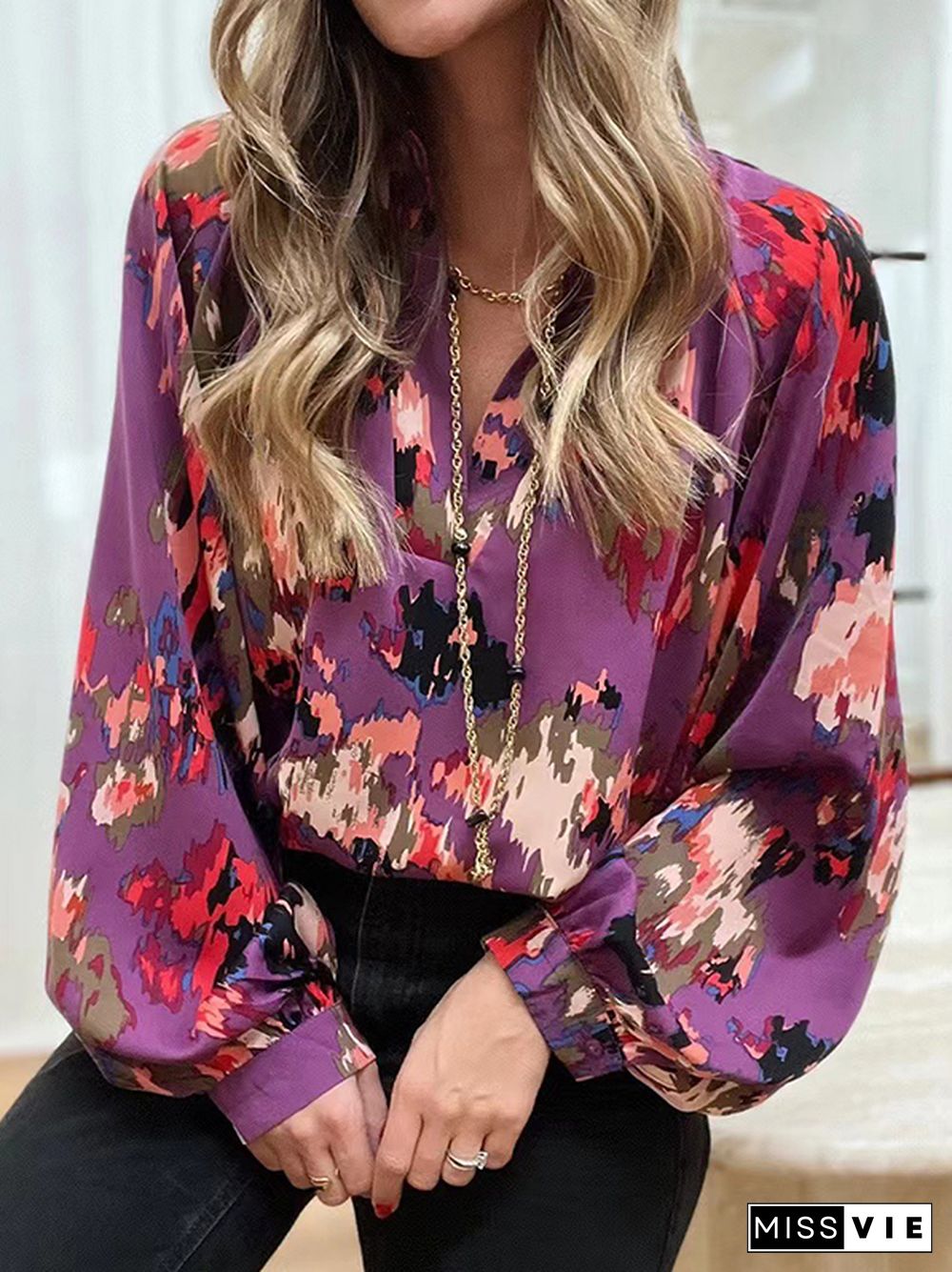 Long Sleeves Loose Printed V-Neck Blouses&Shirts Tops