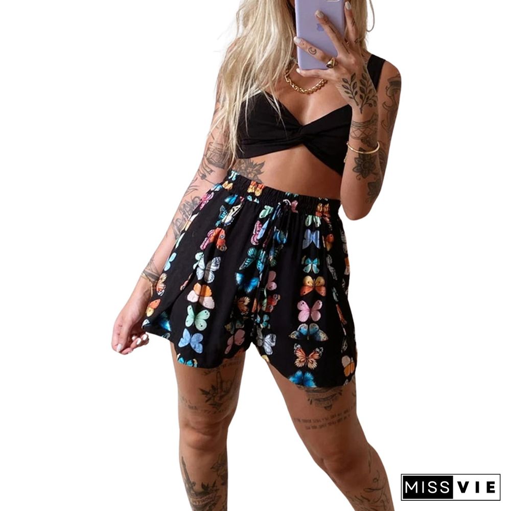 Women Short Sets Fashion 2-piece Outfit Set Sleeveless Tops+Butterfly Print Shorts Set Ladies Female Clothing