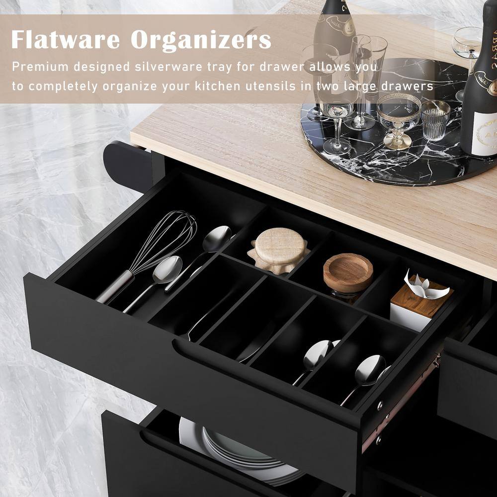 Runesay Black Rubberwood Countertop 53.1 in. W Kitchen Island Cart with 8 Handle-Free Drawers and Flatware Organizer KIBK-2282