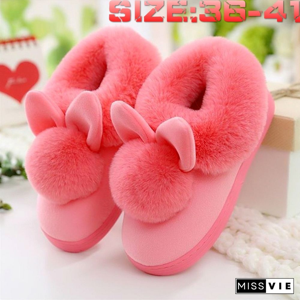 Winter Cute Rabbit Hair Indoor Warm Non-Slip Cotton Slippers Winter Women Shoes