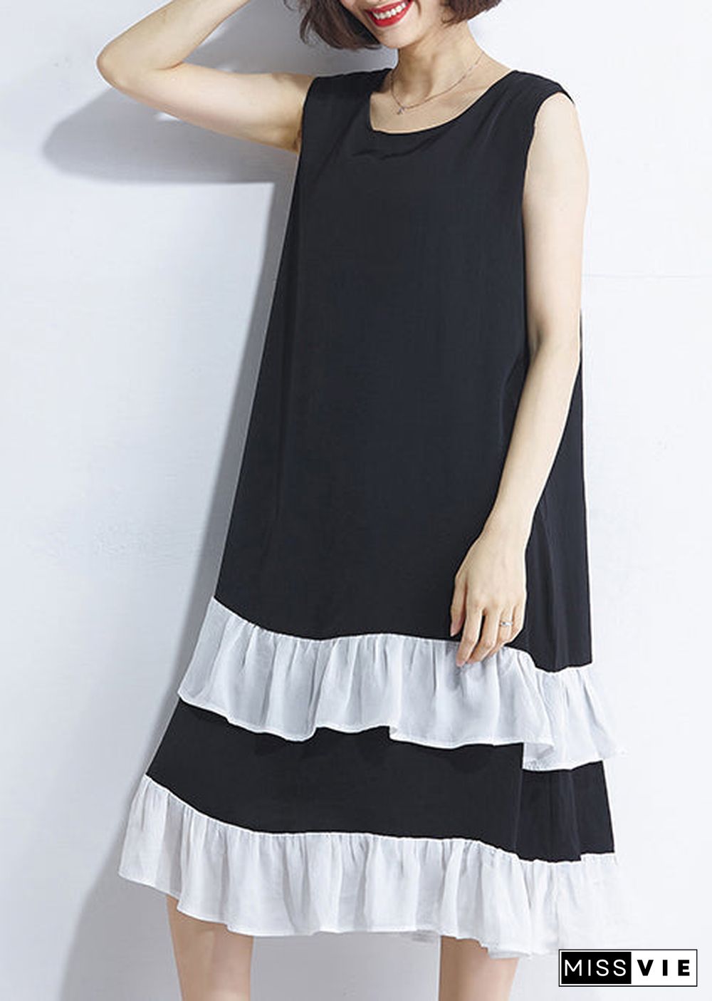 French patchwork Sleeveless Cotton Wardrobes Casual Runway black Plus Size Dress Summer