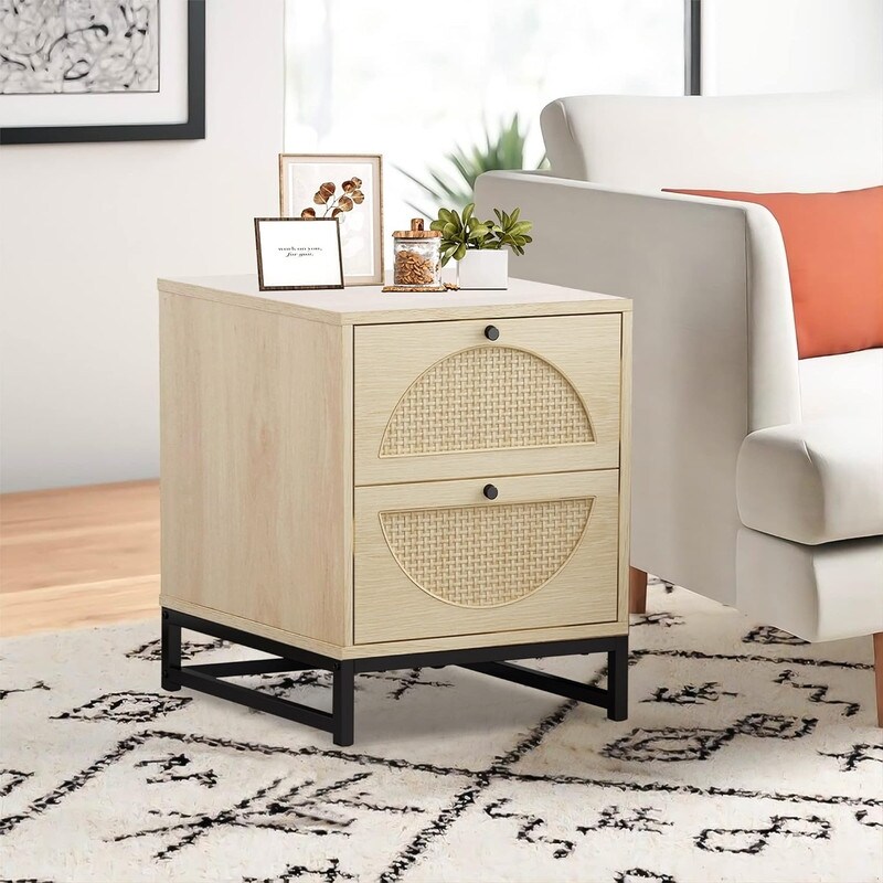 Modern Minimalism Rattan Nightstand  Wood Bedside Table with Two Drawers  Boho End Table  Side Table for Living Room  Bedroom