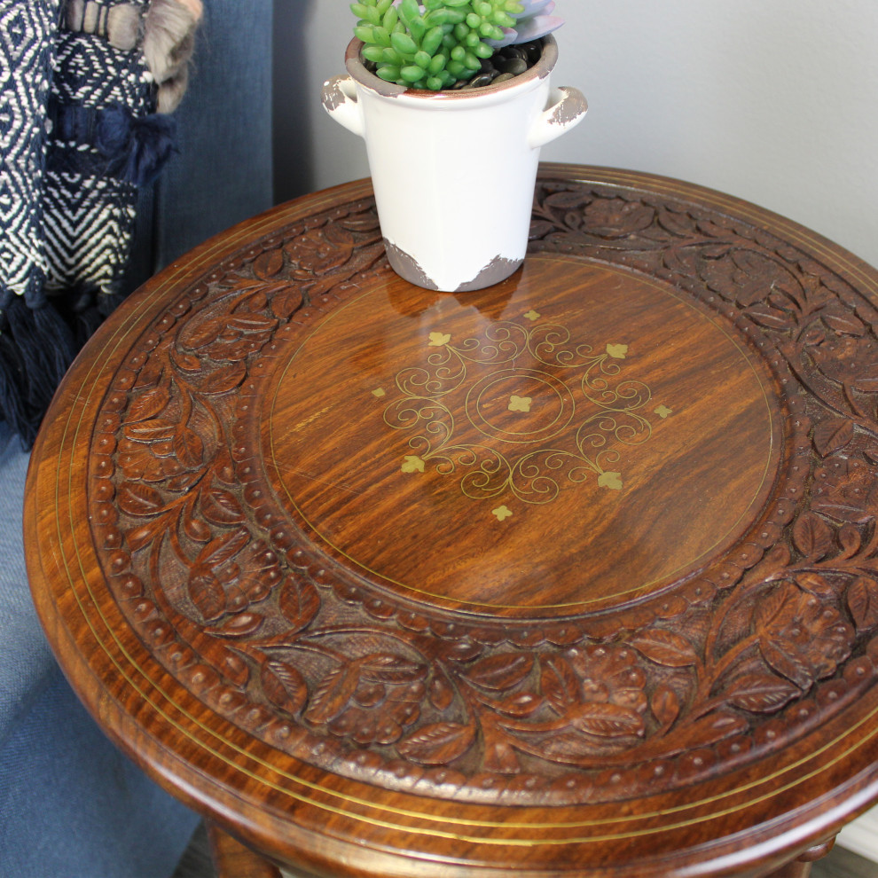Natural Geo Decorative Wooden Hand Carved Accent Table  Brown   Traditional   Side Tables And End Tables   by Natural Geo Home Furnishings  Houzz