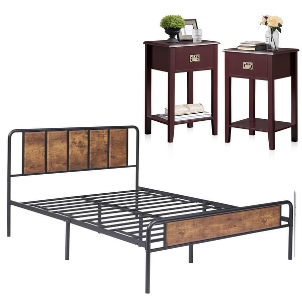 Taomika 3-pieces Bed Frame with Wood Headboard and 1-Drawer Nightstands Set - - 35294327