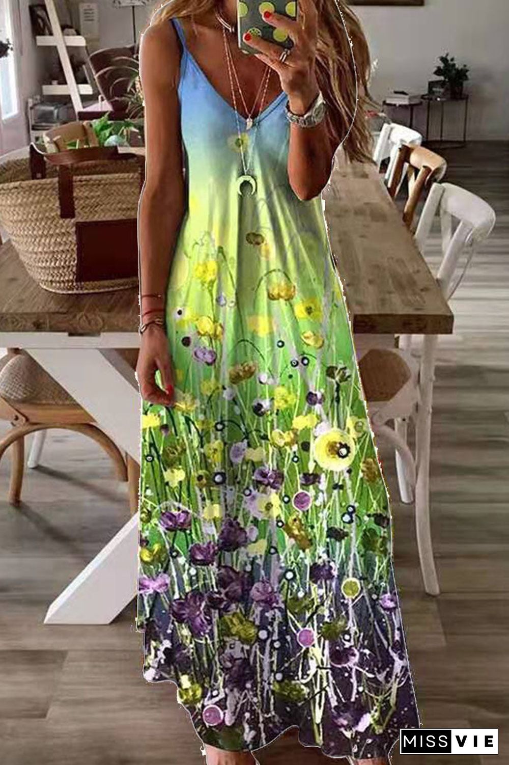 Fashion Sweet Print Split Joint V Neck Princess Dresses