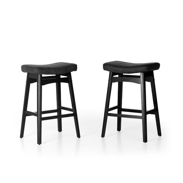 24 Inch Solid Wood Barstools with Linen / PU Leather Fabric Cushion， Set of 2