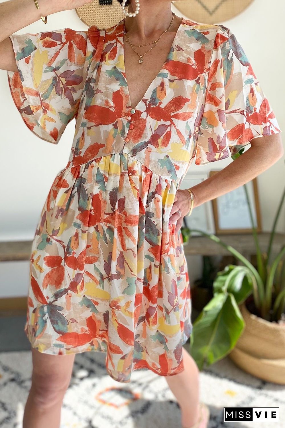 Multicolor Summer Floral Button V Neck Ruffle Flowy Dress