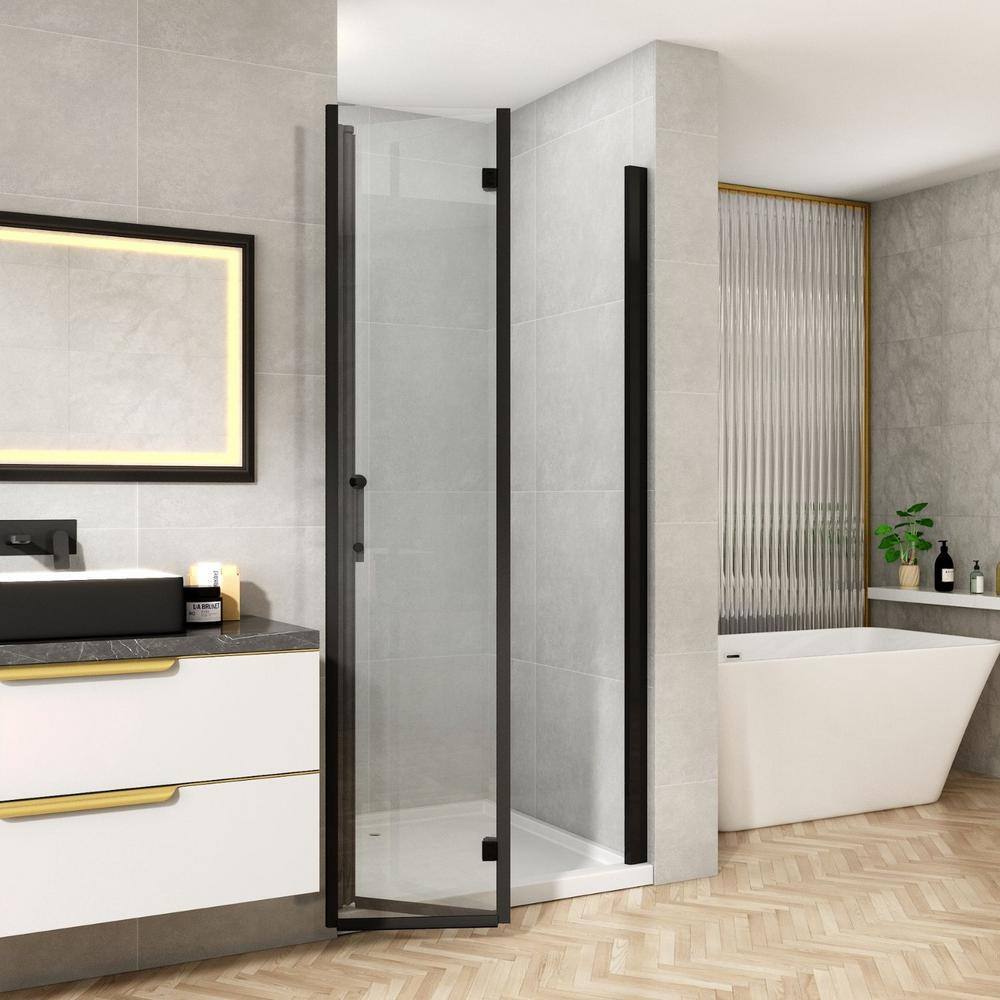 TOOLKISS 34 to 35-1332 in. W x 72 in. H Bi-Fold Frameless Shower Doors in Black with Clear Glass BFH34MB