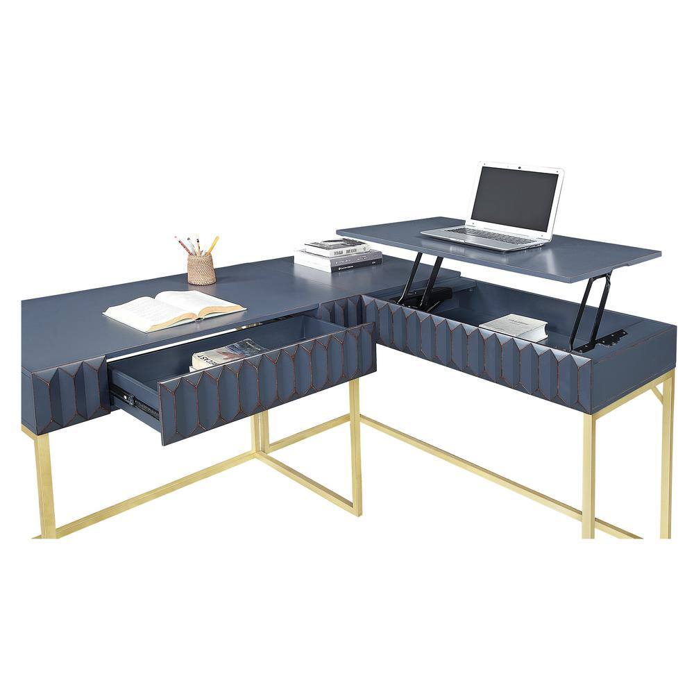 Furniture of America Gotheimer 56.75 in. L-Shaped Blue and Gold Writing Desk Set with Lift-Top IDF-DK406BL-SET