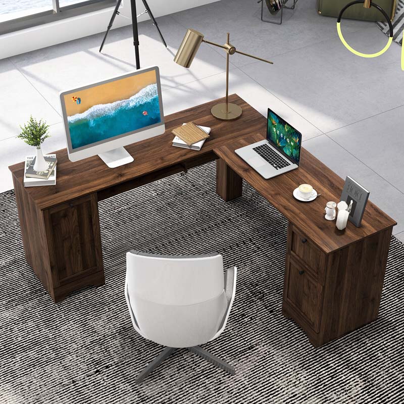 L-Shaped Corner Desk with Storage Drawers & Keyboard Tray, Space-Saving Home Office Computer Desk