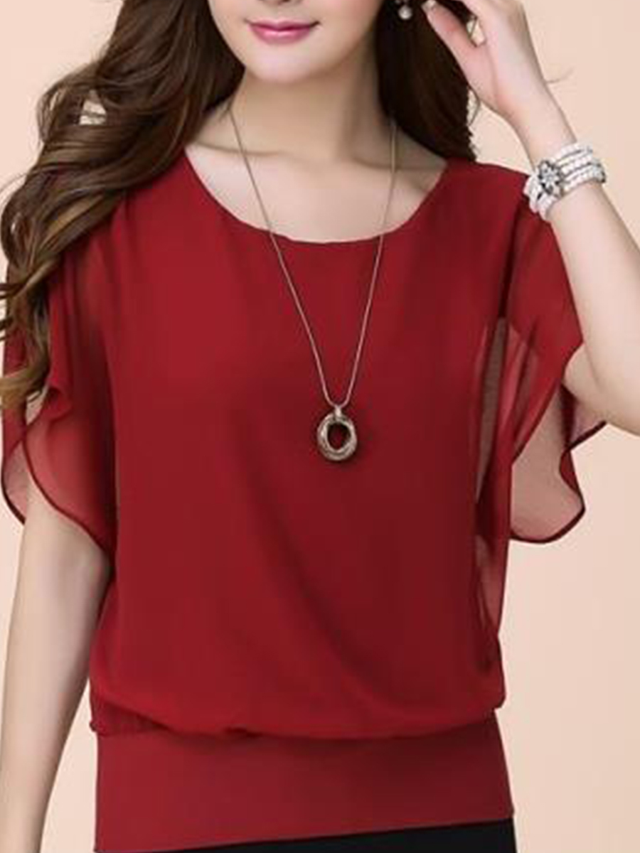 Spring Summer  Blend  Women  Crew Neck  Plain  Short Sleeve Blouses