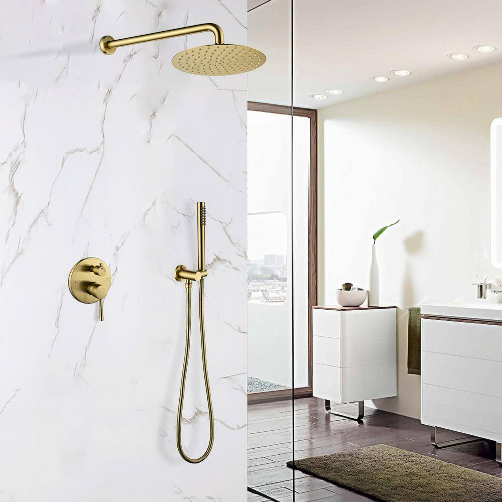 Satico 2-Spray Patterns with 10 in. Tub Wall Mount Dual Shower Heads in Brushed Gold GB013806S