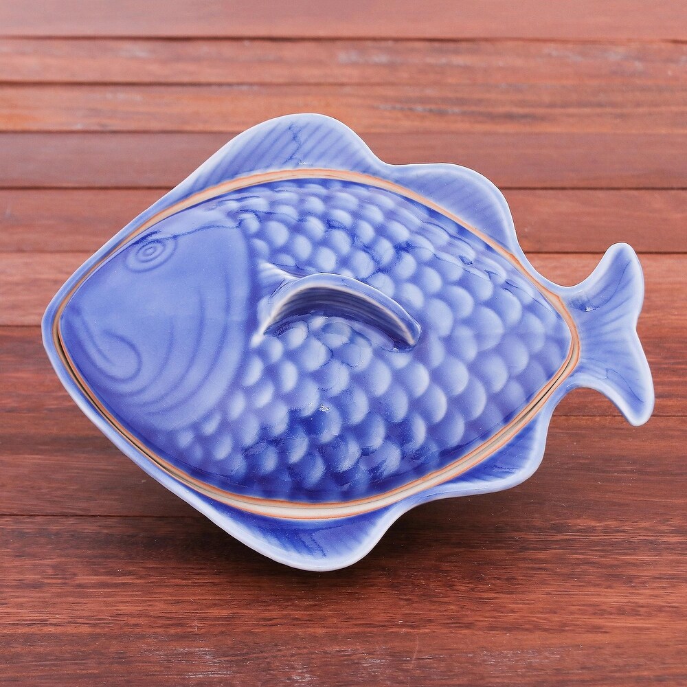 Novica Handmade Fish Dish In Blue Celadon Ceramic Lidded Bowl