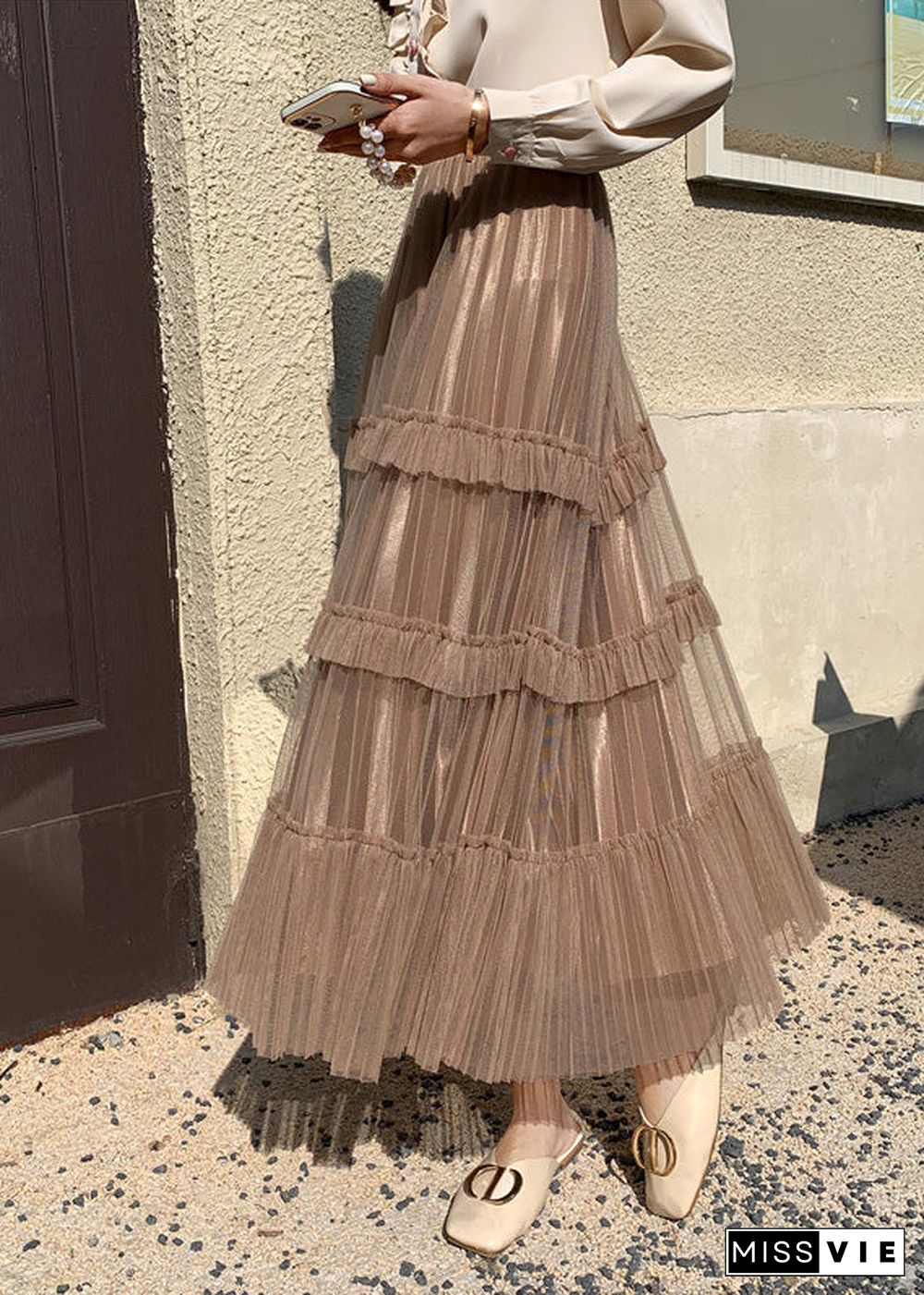 Cute Khaki High Waist Wrinkled Tulle Cake Skirt Spring