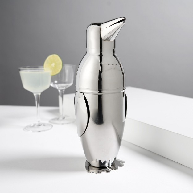 Viski Penguin Cocktail Shaker 17 Oz Stainless Steel Cobbler Shaker With Strainer Silver