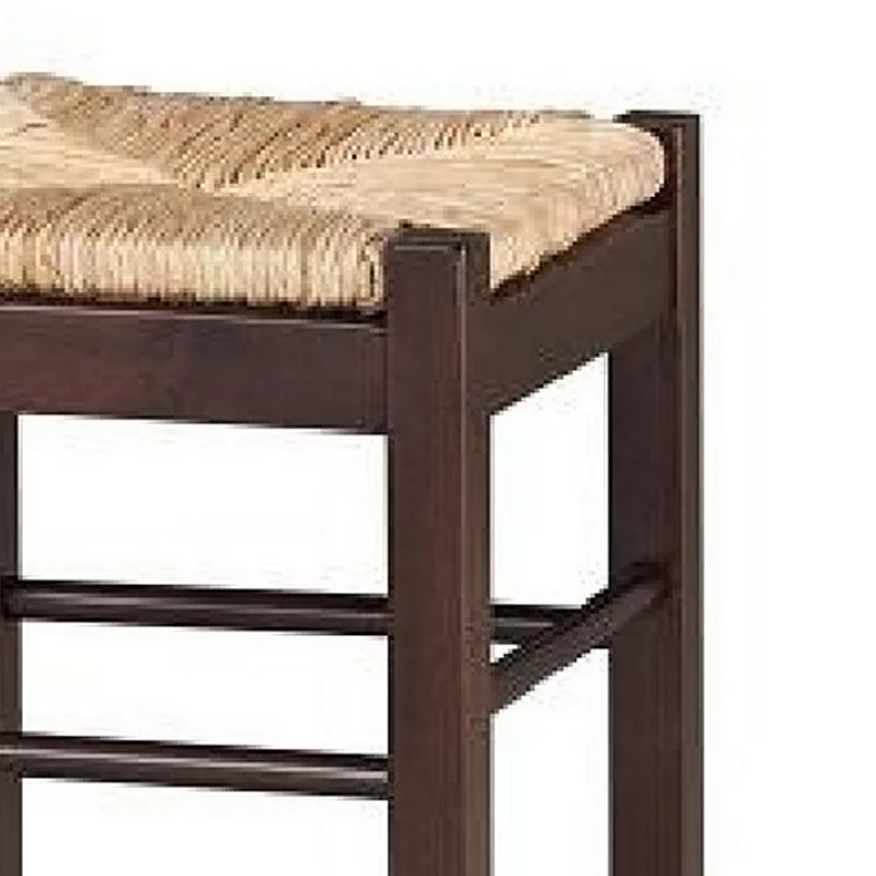 Rush Woven Wooden Frame Counter Stool with Saber Legs， Beige and Dark Brown