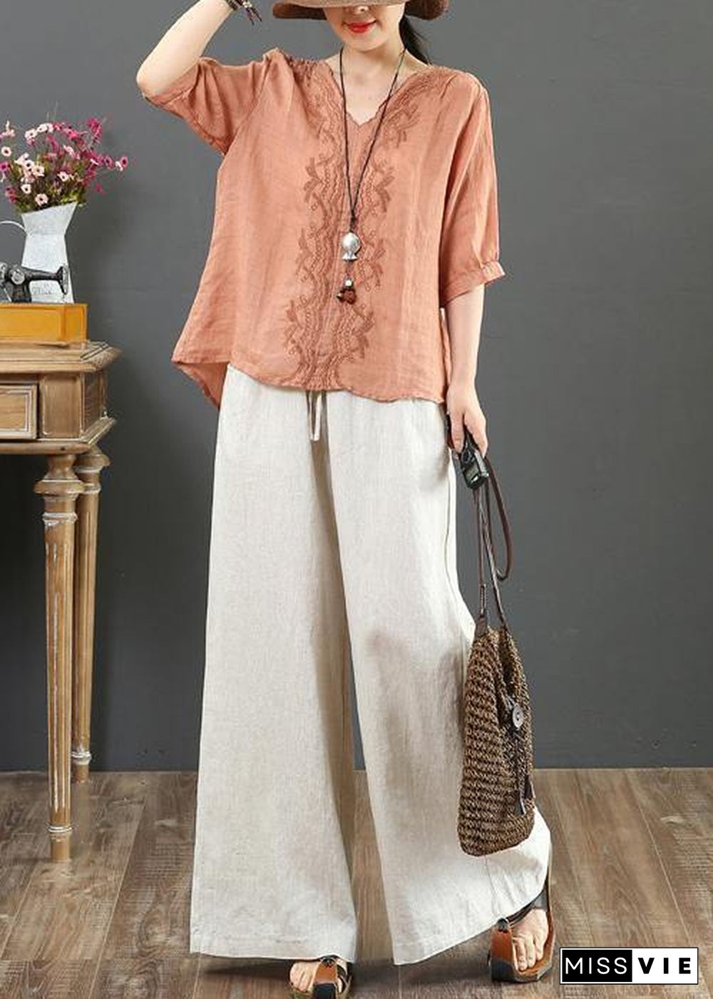 Natural v neck embroidery linen clothes For Women Sleeve orange blouses