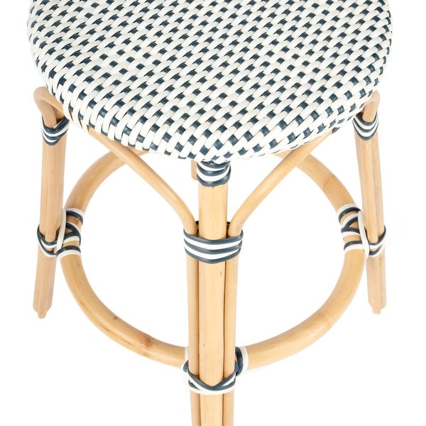 Offex Tobias Transitional Navy and White Rattan Round Counter Stool - 16