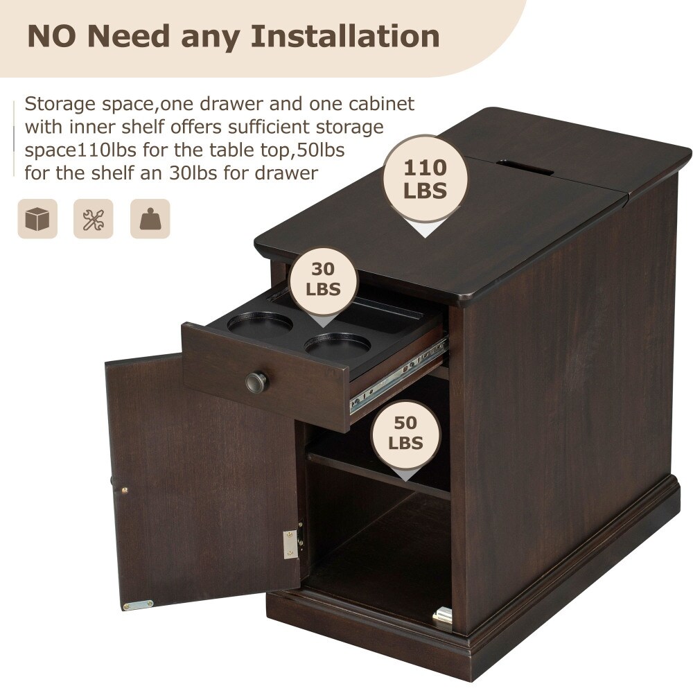 Espresso End Table with USB Ports and 1 Drawer with Cup Holders